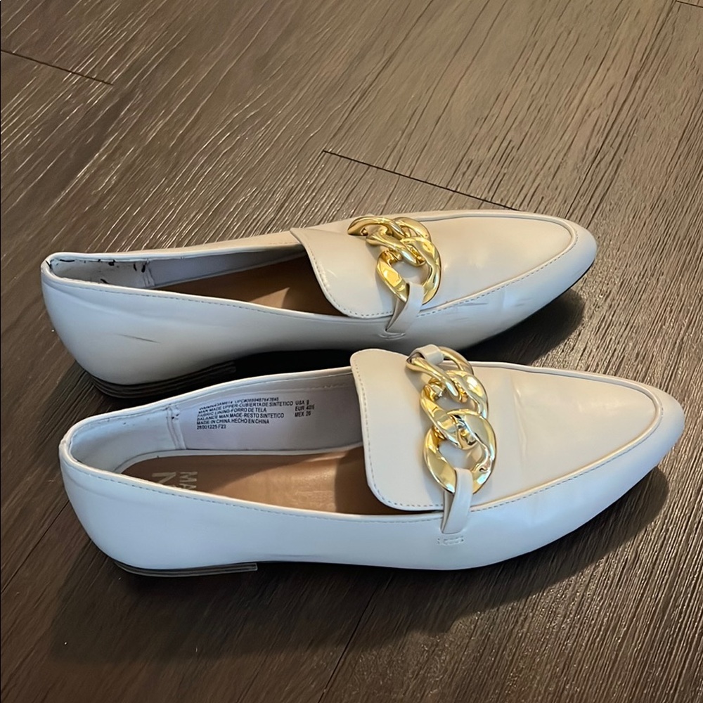 White and Gold Flats with Classic Loafer Design
